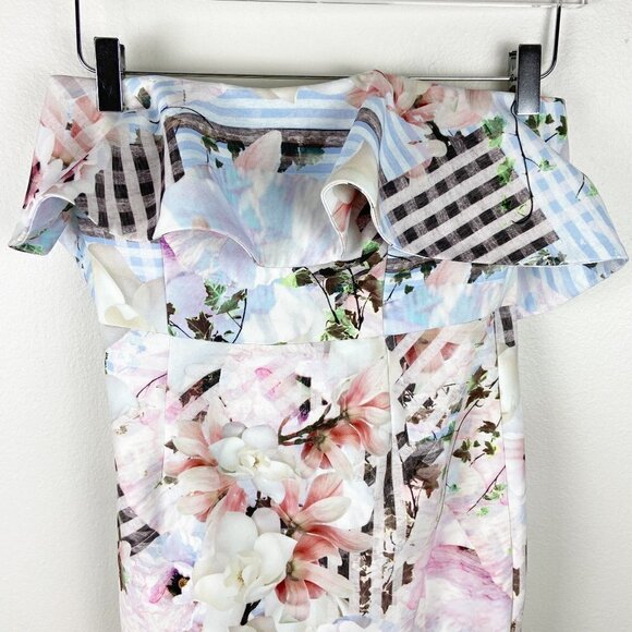 BARDOT | White Ivory Multi Floral Plaid Print Strapless Bodycon Midi Dress - Picture 3 of 10